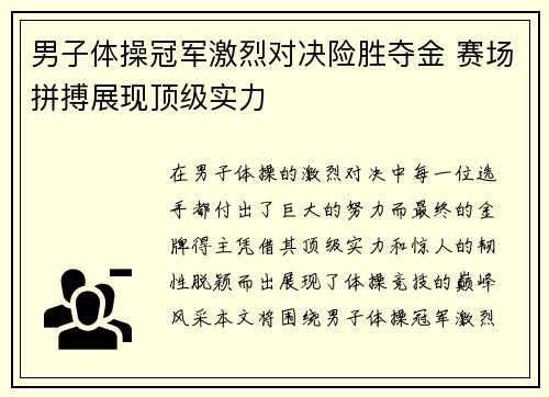 男子体操冠军激烈对决险胜夺金 赛场拼搏展现顶级实力