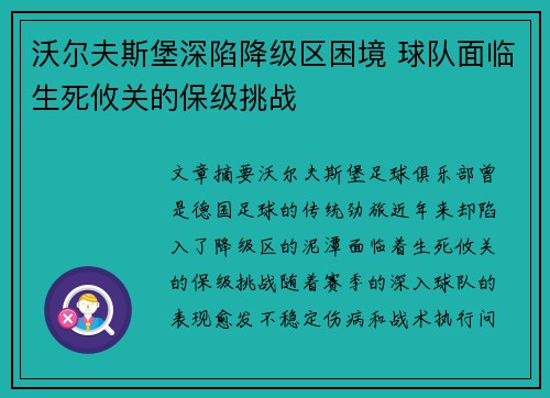 沃尔夫斯堡深陷降级区困境 球队面临生死攸关的保级挑战