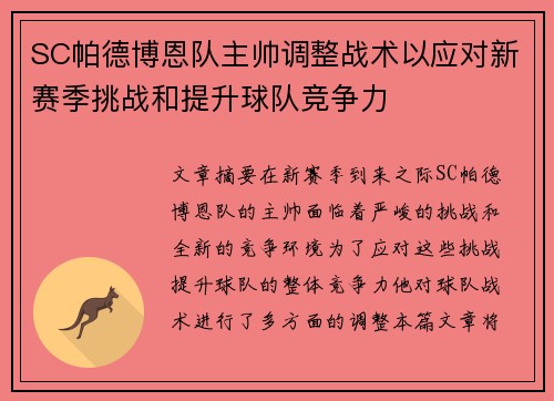 SC帕德博恩队主帅调整战术以应对新赛季挑战和提升球队竞争力