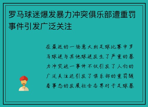 罗马球迷爆发暴力冲突俱乐部遭重罚事件引发广泛关注